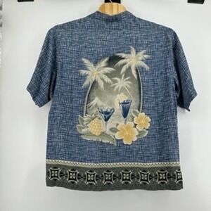 Tommy Bahama Silk Shirt XL Blue Abstract‎ Palm Tree Hawaiian Camp Vacation